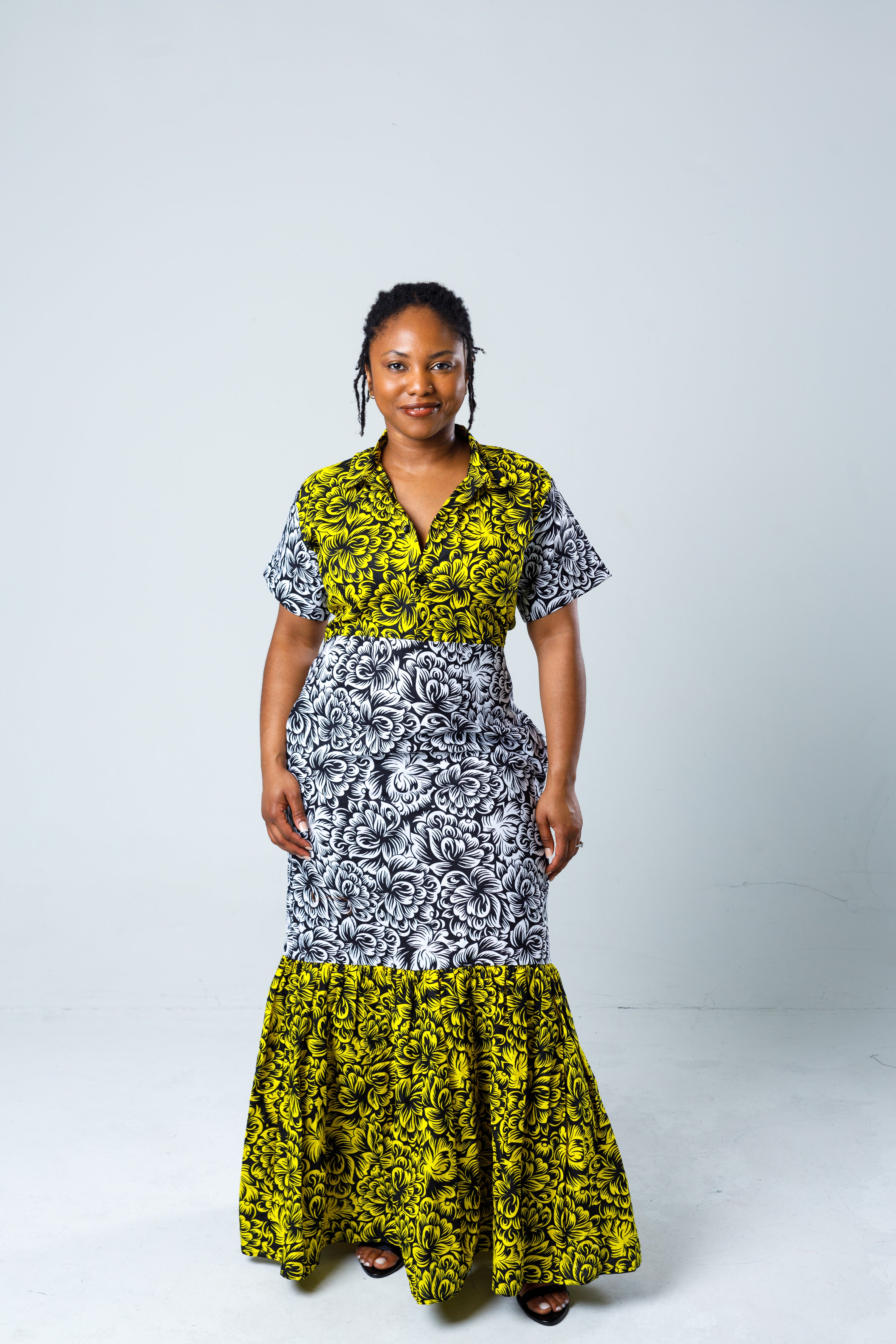 Yellow & Black Mixed Print Floral Dress