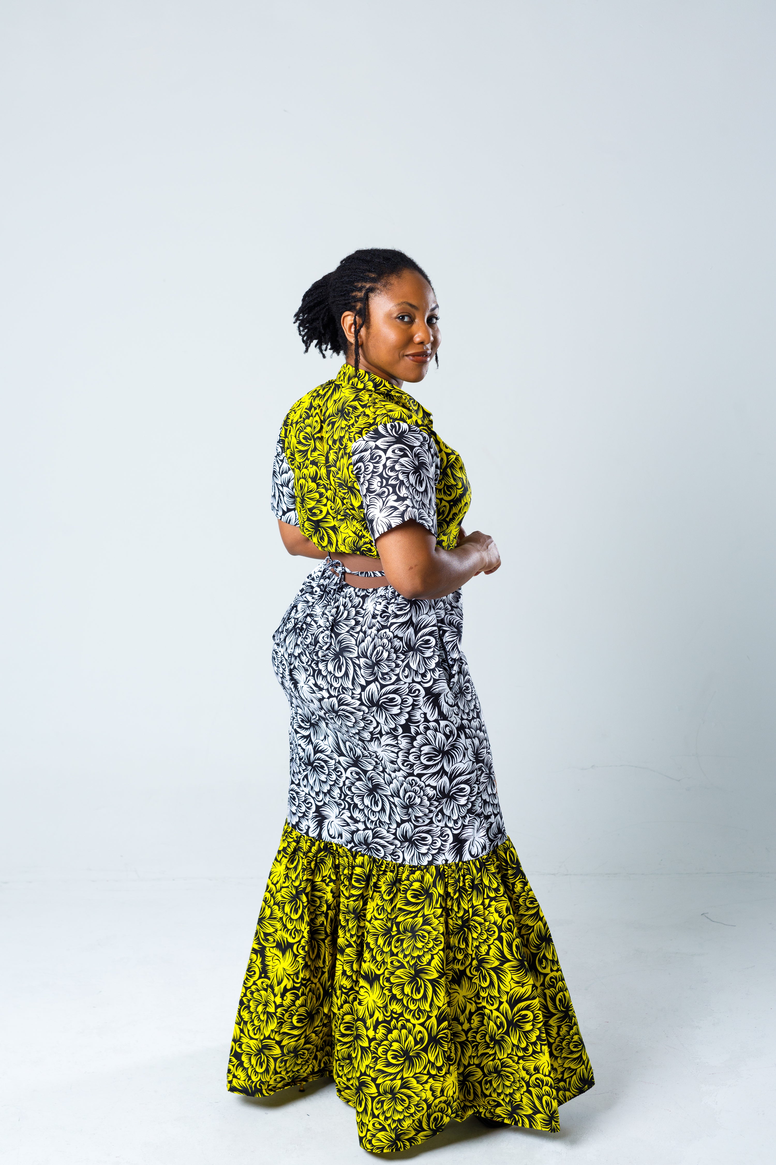Yellow & Black Mixed Print Floral Dress