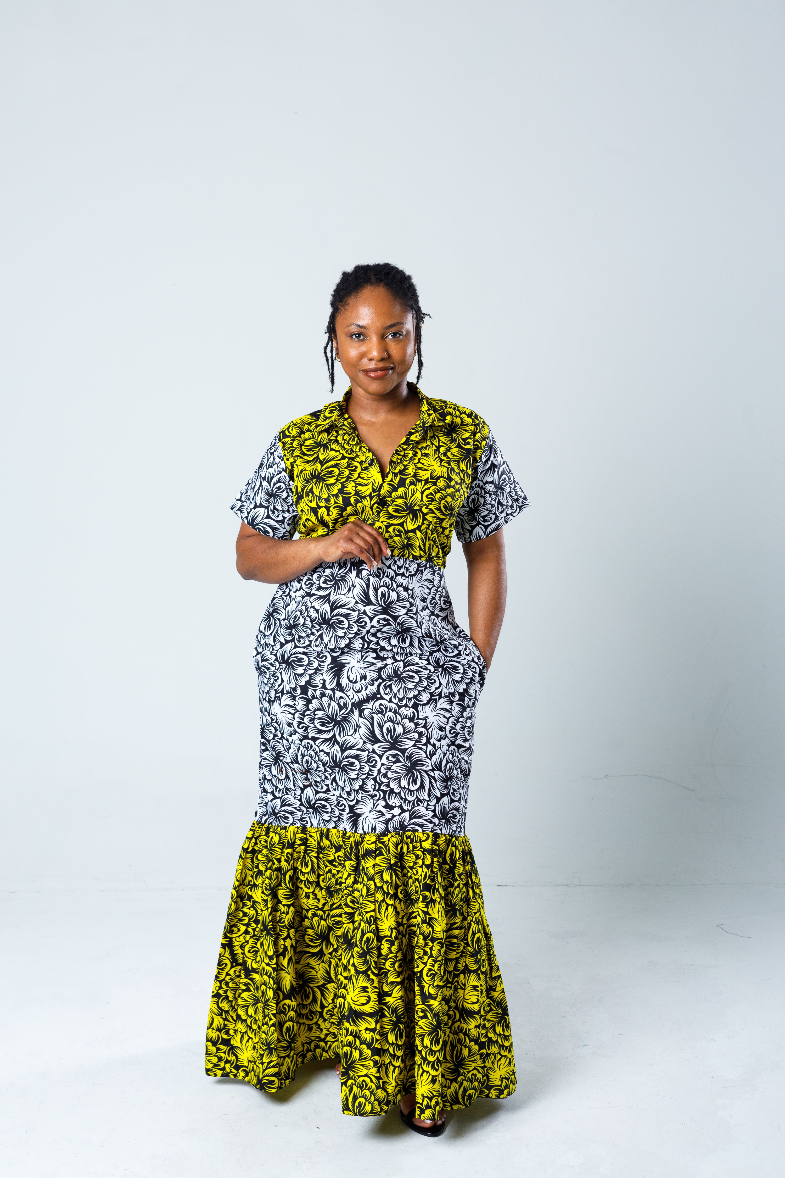 Yellow & Black Mixed Print Floral Dress